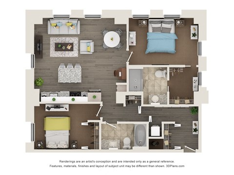 Floor plan for 2 beds, 2 baths, 1000 sqft